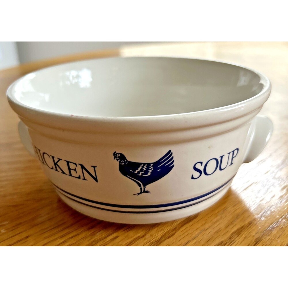 Vintage Chicken Soup Bowl FTDA 1985 Korea Ceramic Blue Handled Dish FTD